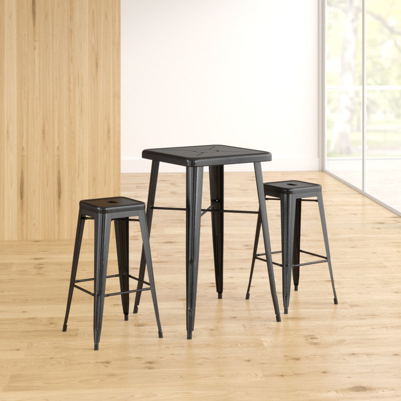 Gyeong 23.75'' Square Metal Indoor-Outdoor Bar Table Set with 2 Square Seat Stools, Black