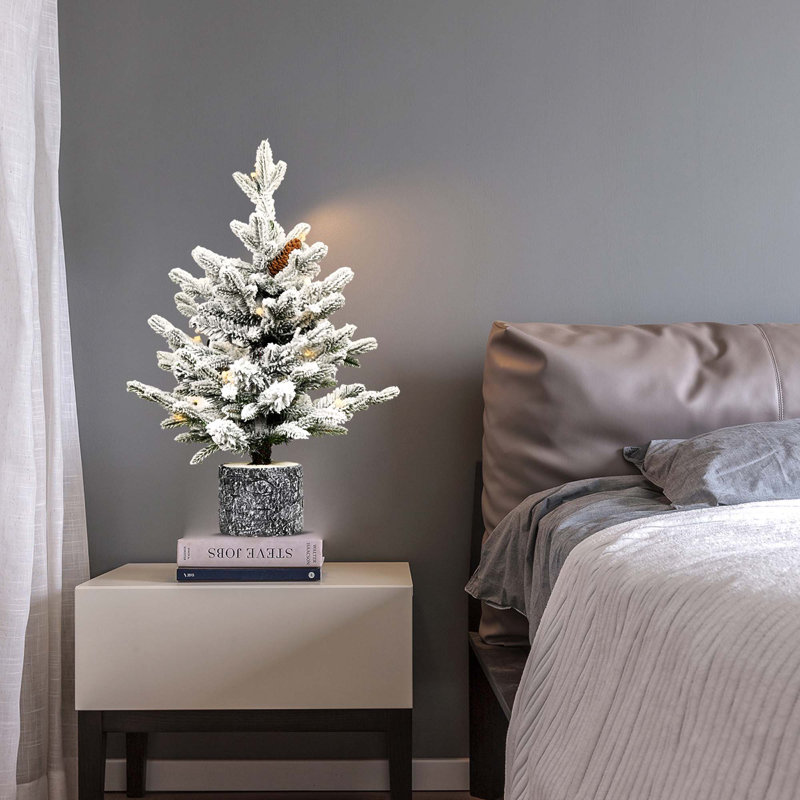 Arbre de Noël floqué avec lumières DEL blanc chaud, pommes de pin et base de pot, 2'