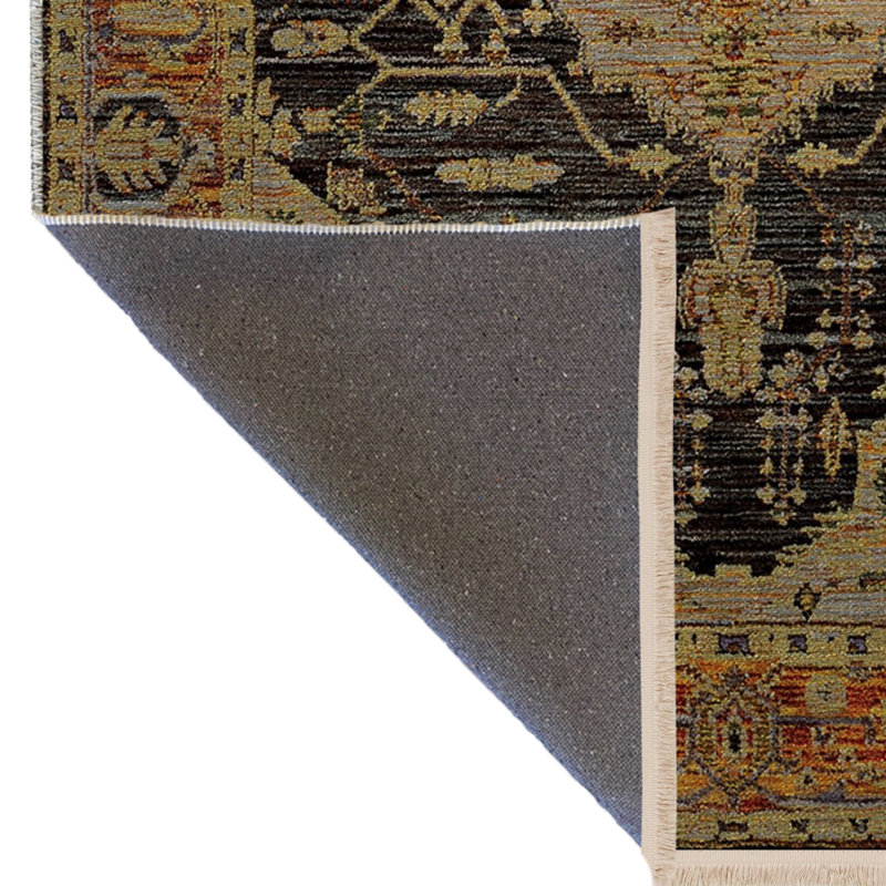 Tapis décoratif noir à motif traditionnel frangé noir et orange, Rectangle 2 pi 8 po x 5 pi