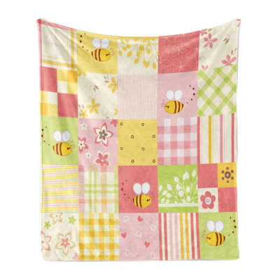 Ambesonne Bee Fleece Throw Blanket Floral and Geometric Tiles