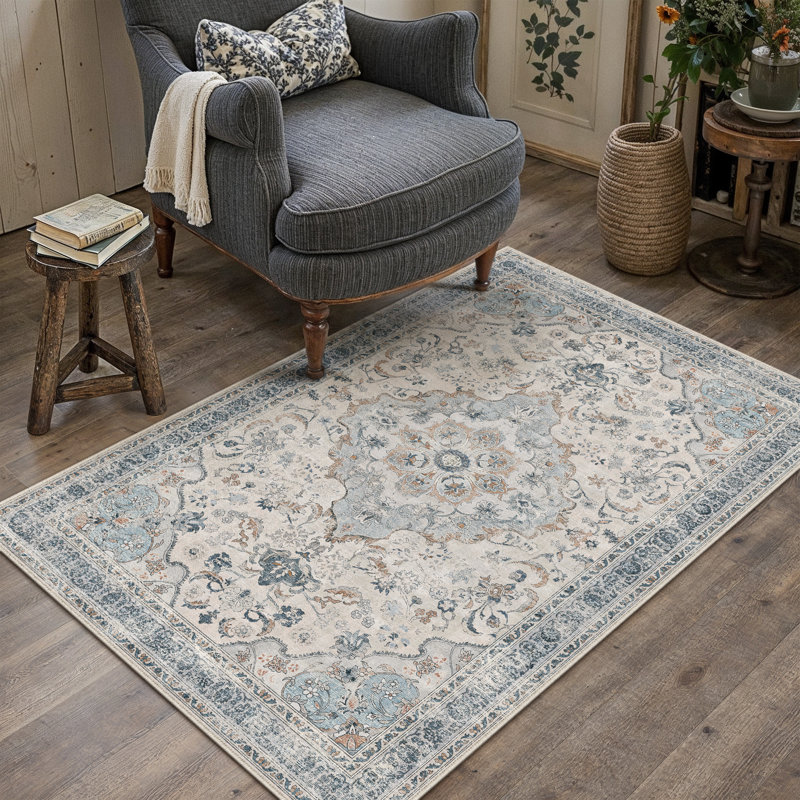 Tapis oriental lavable avec envers antidérapant Eleanor, Bleu, Rectangle 5 pi x 7 pi