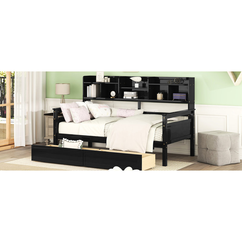 Twin Size Daybed In Finish, With Solid Wood Slats And Storage Options , Functional Facilities, Espresso, Twin