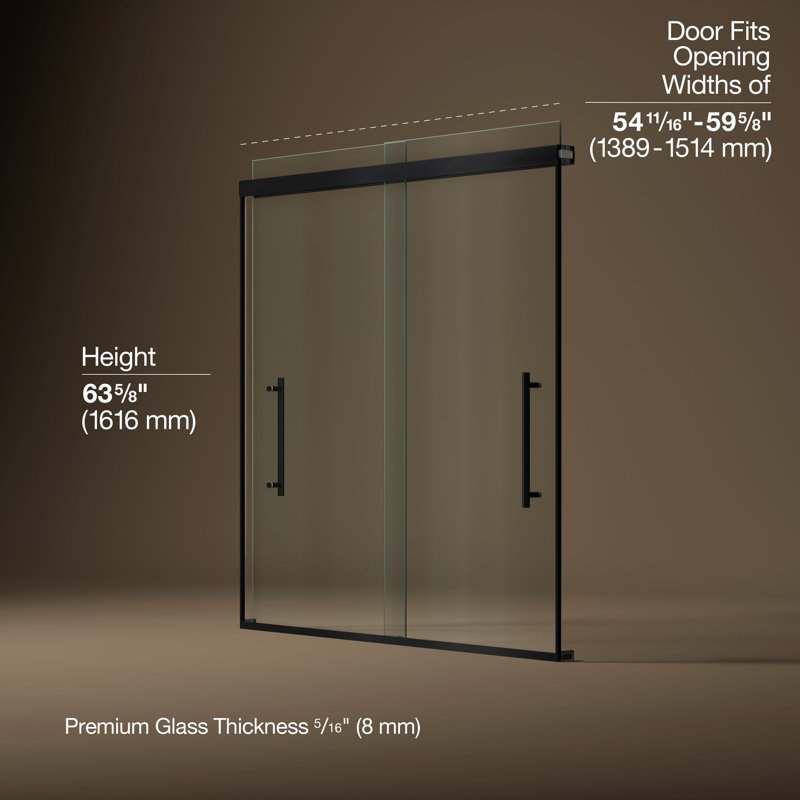 Pleat® 63-9/16"H Frameless Sliding Bath Door with 5/16"-Thick Crystal Clear Tempered Glass, Black