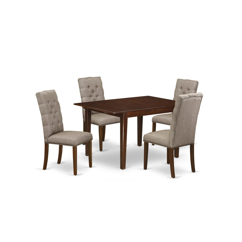 Ensemble de table de salle à manger 5 pièces moderne comprenant une table rectangulaire en bois avec une feuille de papillon et 4 chaises parsons en tissu kaki foncé en acajou