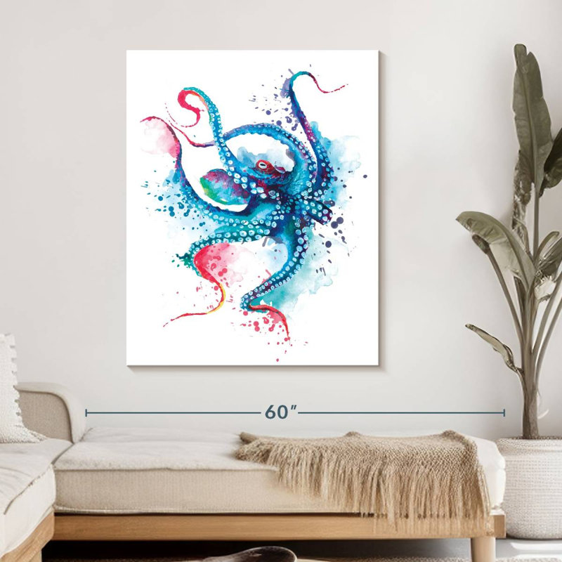 Blue Octopus Splash sur impression sur toile, H 45 po x l 36 po x P 1,25 po