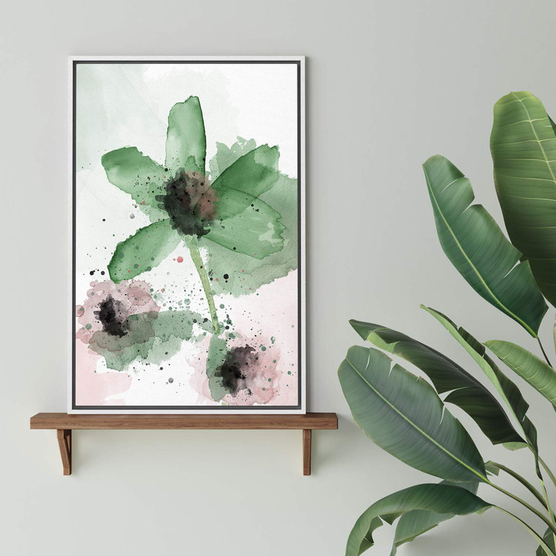 Aquarelle, explosion, minimalisme botanique floral vert et rouge, Cadre flottant blanc, H 24 po x l 16 po x P 1,5 po