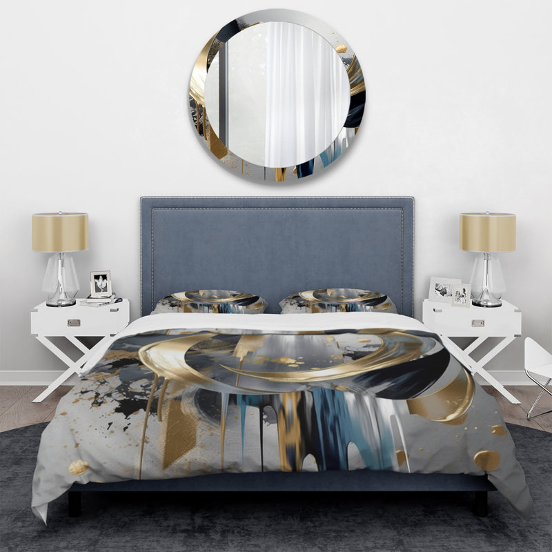 Queen Gray and Gold Abstract Marble Microfiber Duvet Cover Set