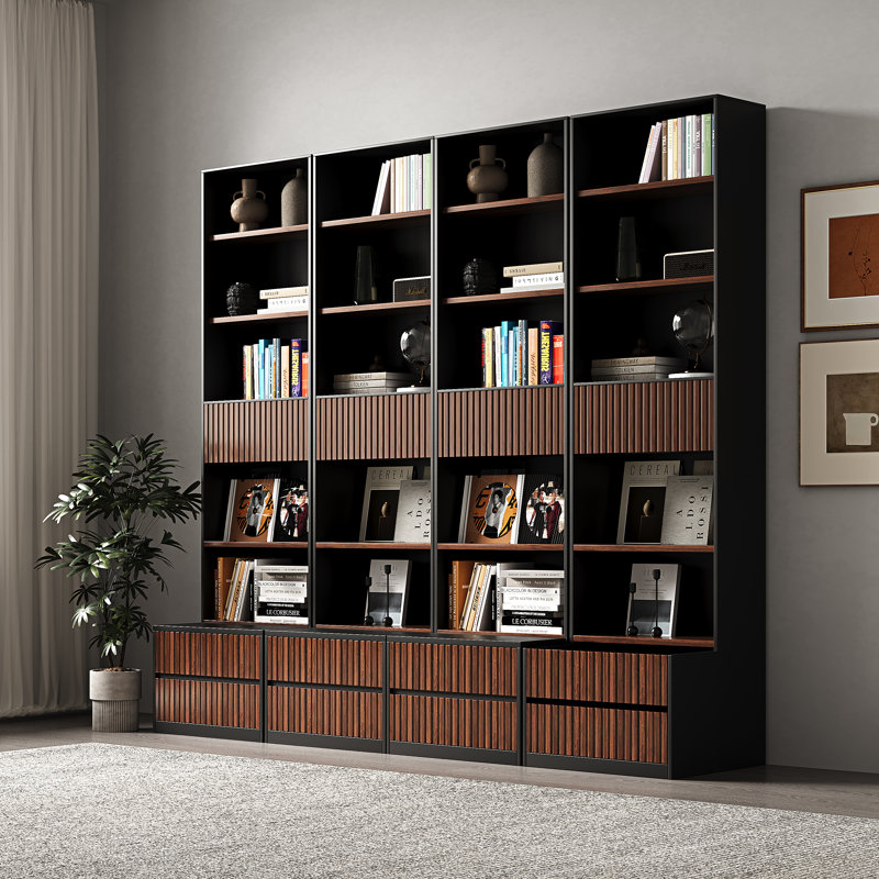 Ensemble de 2 - Bibliothèque standard avec rangement H 78,7 po avec repose-pieds et tiroirs de rangement, Noir
