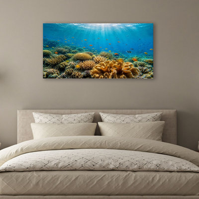 Canvas Wall Art Vibrant Coral Reef Underwater Scene Tropical Fish Sunlight Wall Decor for Living Room Bathroom Bedroom Office 20"H x 40"W Art Paintings, Ready to Hang
