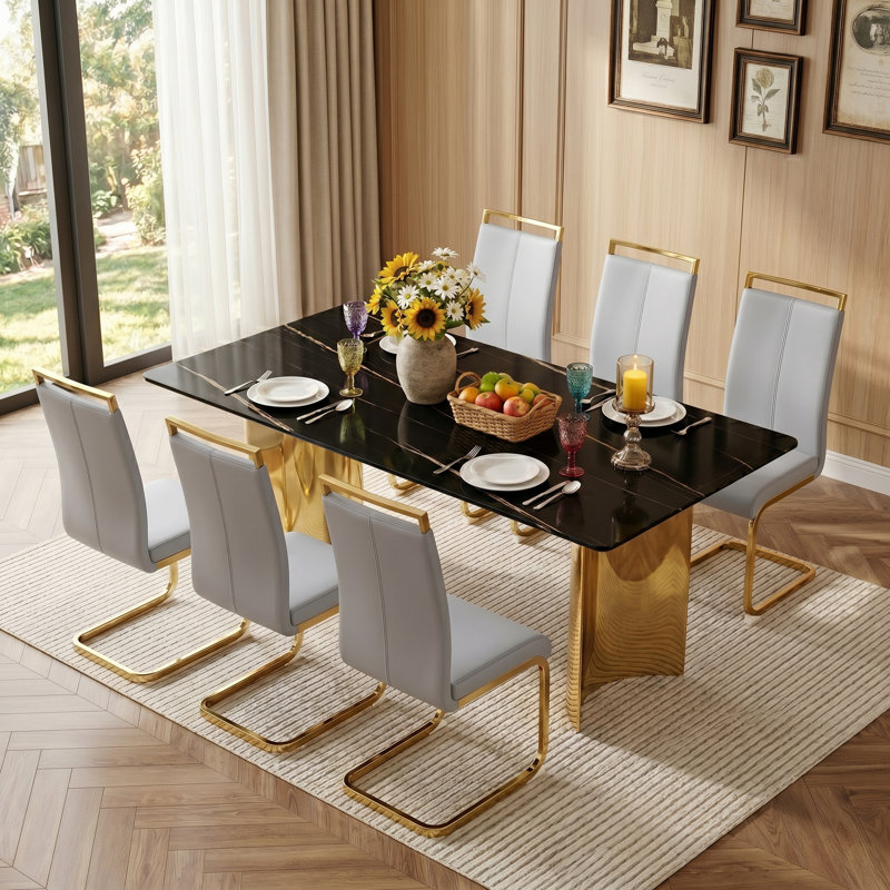 Keligot Modern Glam 7-Piece 71" Rectangular Faux Marble Dining Set with Metal Base and Cantilever Chairs, Light Gray