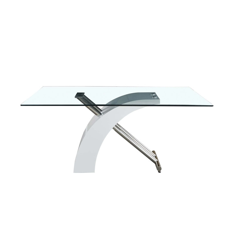 Stylish Dining Room Table with Luxury Glass Top, White/Silver Duplicate