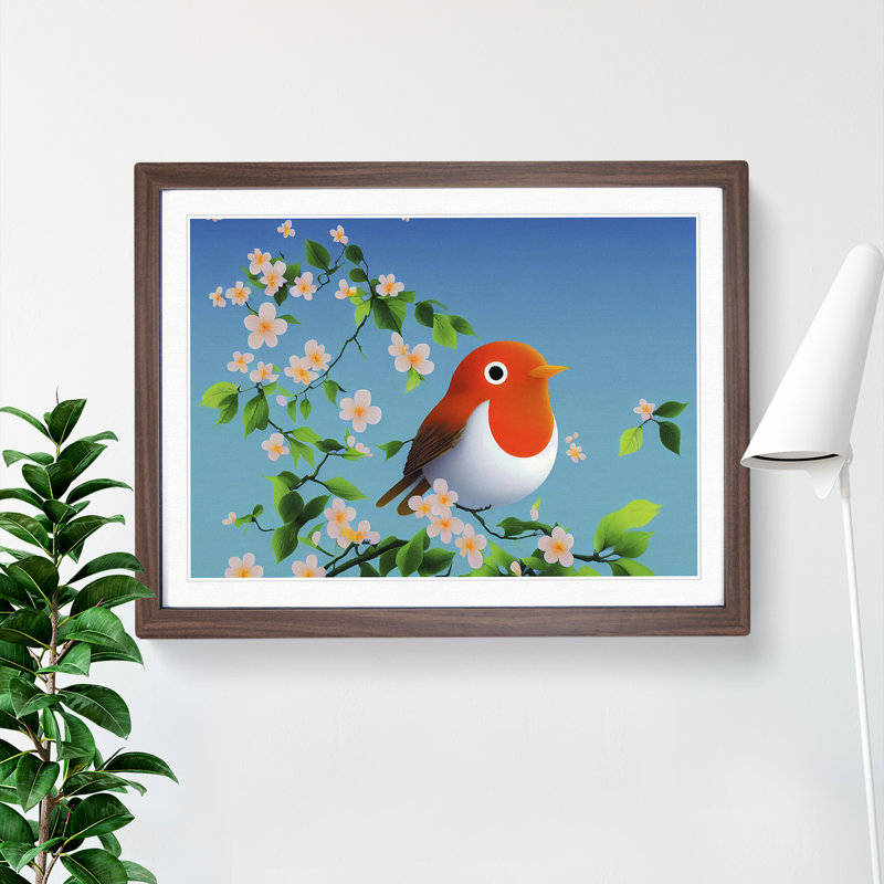 Radiant Robin Bird - Single Picture Frame Print, 25cm H x 34cm W x 2cm D, Walnut
