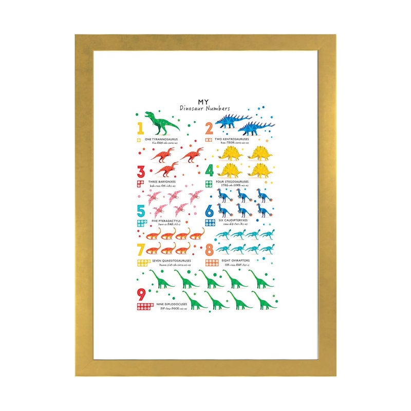 Dinosaure, impression d'art graphique, Papier encadré doré, H 24 po x l 16 po x P 1 po, Blanc