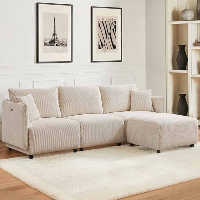 Jacqulene Modern Minimalist Corduroy Module Combination Sofa with USB Charging Ports, Beige Corduroy