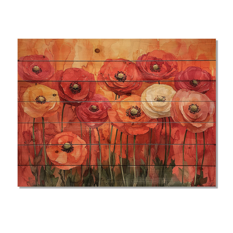 Fleurs de renoncule vives au coucher du soleil en automne II - décoration murale en bois de renoncule - sur bois de pin naturel