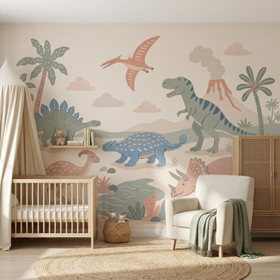 Dinosaur Landscape Wallpaper Prehistoric Jungle Removable Volcano Wall Decor