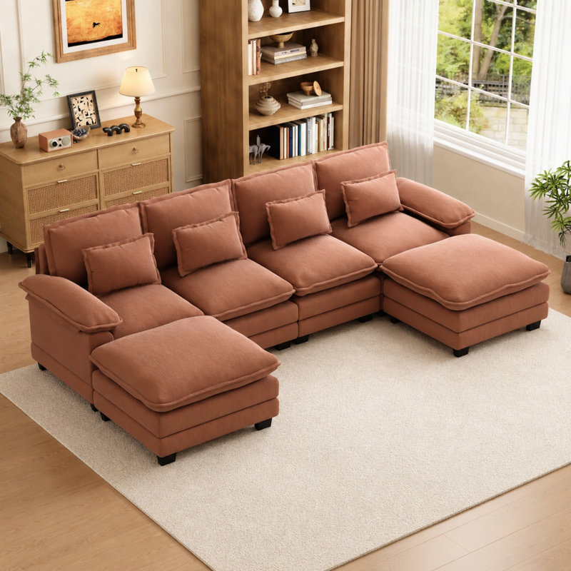 Canapé modulaire en chenille réversible de 116 po en forme de U avec double repose-pieds, Brown