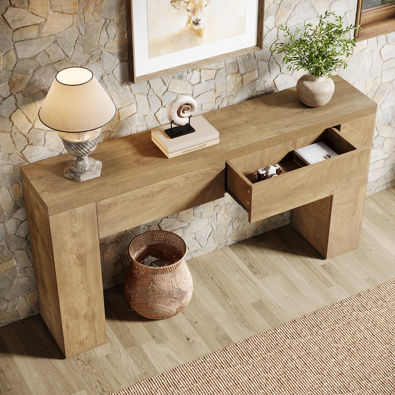 63-Inch Wooden Foyer Table With With 2 Hidden Drawers, Brown
