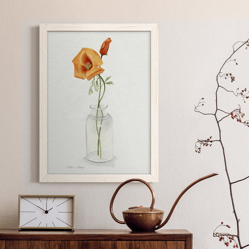 «California Poppy Vase I», toile encadrée de qualité supérieure - prête à être accrochée, H 32 po x l 23 po x P 1 po, Blanc