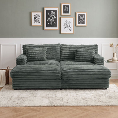 Double Chaise Lounge Sleeper Sofa with Plush Faux Rabbit Fur Upholstery, USB Charging Ports and Two Pillows