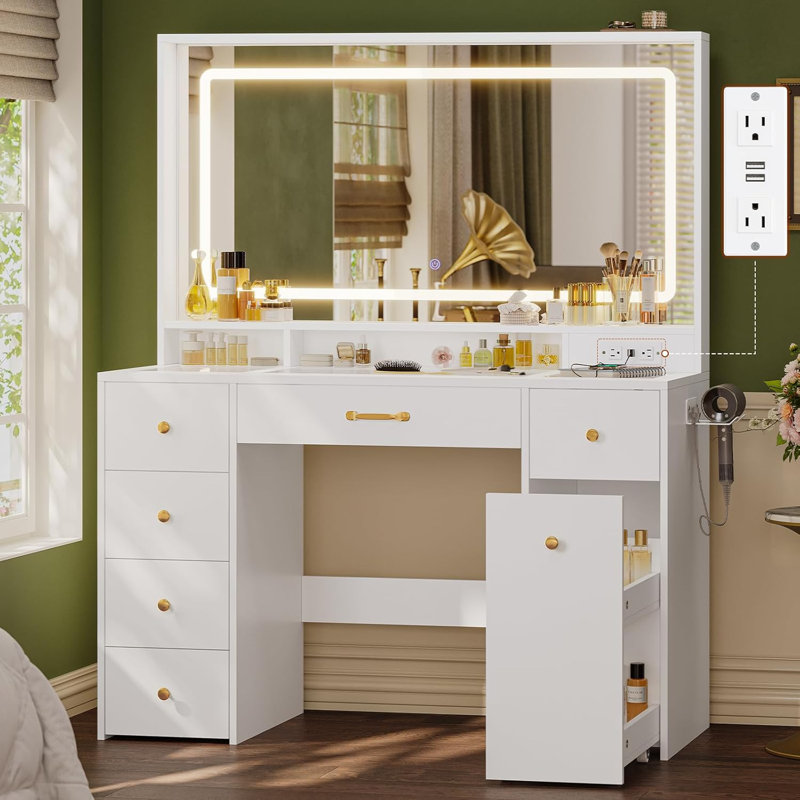 Vanity Desk With Large Led Mirror And Lights, Makeup Table With 6 Drawers And Power Outlet, Rolling Makeup Cart, Modern Storage Dressing Table, White