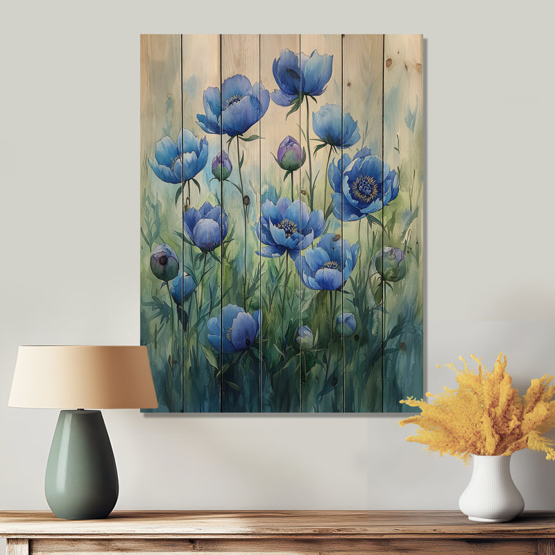 Ocean Blue Peonies In The Field II - Peonies Wood Wall Art - On Natural Pine Wood, 44" H x 34" W x 0.78" D