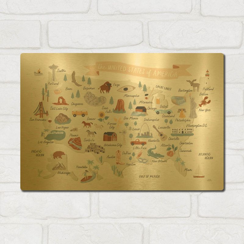 Tableau mural en métal doré « Le Tour du monde 2 » de Laura Marshall, 40,6 x 30,5 cm, 16"x12"