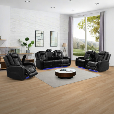 3-Piece Vegan Leather Home Theater Power Reclining Living Room Sofa Set with Wireless Chargers and Blue LED Light
