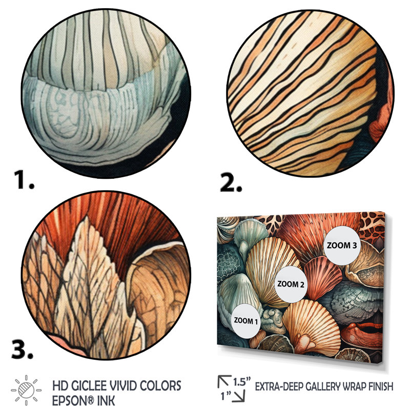Seaside Seashells III sur toile, H 16 po x l 32 po x P 1 po, Cadre flottant noir