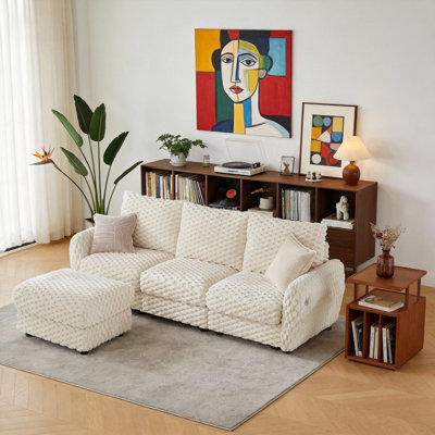 Nicollette 3-Seater Modular Bubble Corduroy Sectional Couch with Storage Ottoman