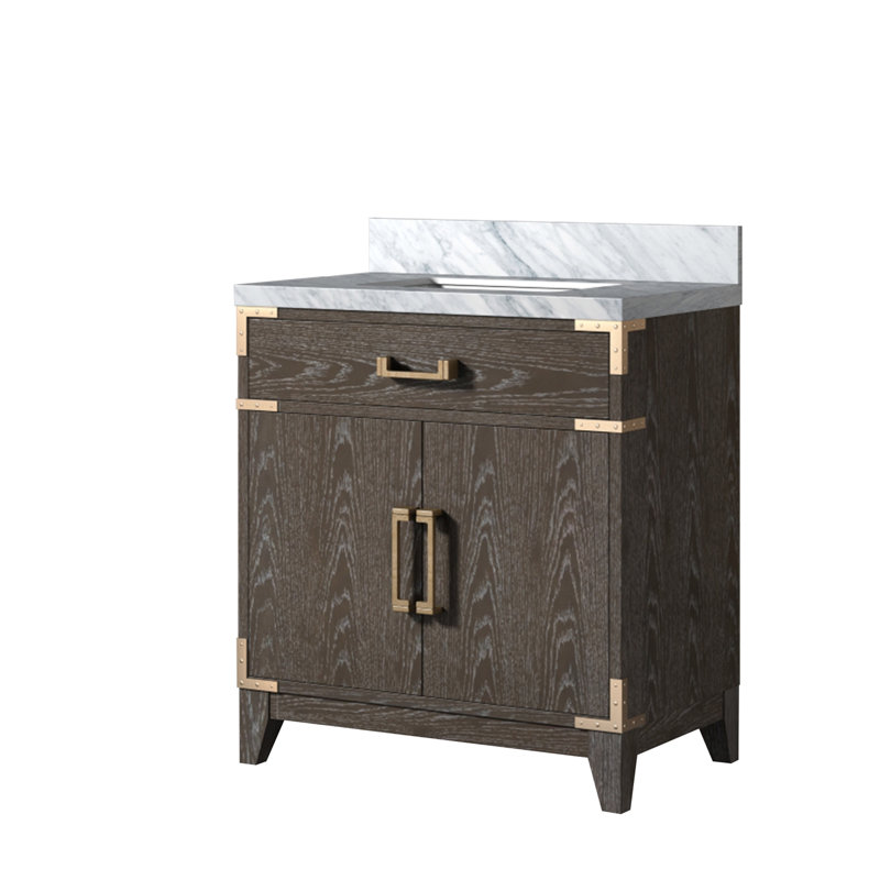 Meuble-lavabo simple avec comptoir en marbre de Carrare, Chêne brun
