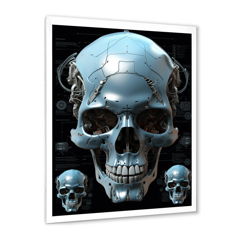 Reproduction d'art sur toile, "Happy Cyborg Skull Funky Halloween", H 44 po x l 34 po x P 1,5 po, Cadre simple blanc