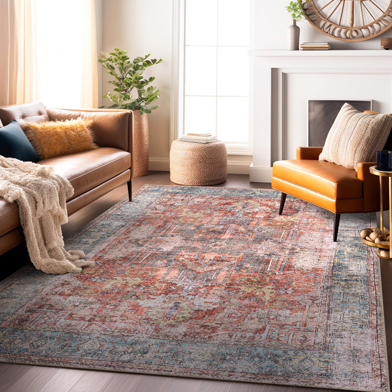 Labarbera Oriental Machine Washable Red/Blue Non-Slip Backing Area Rug, Rectangle 4' x 6'