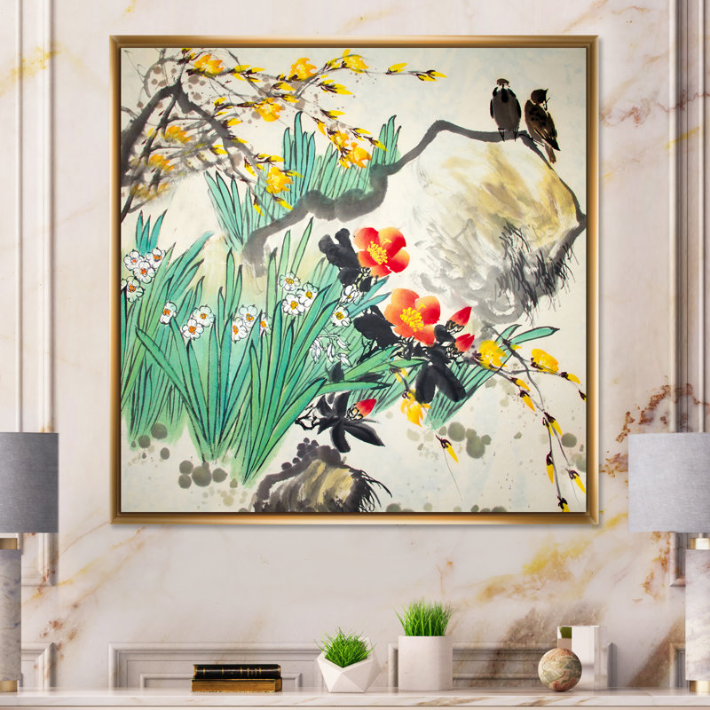 Peinture traditionnelle chinoise d'oiseaux - Art mural sur toile traditionnel, H 36 po x l 36 po x P 1,5 po