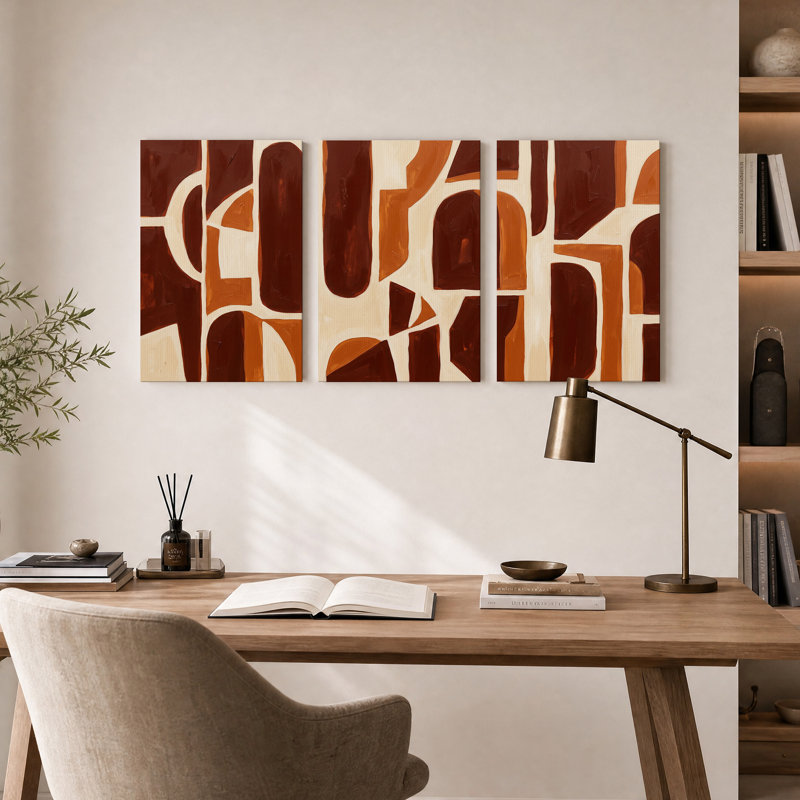 Ensemble de 3 toiles murales abstraites aux formes géométriques brunes et crème, H 30 po x l 20 po x 3 pièces