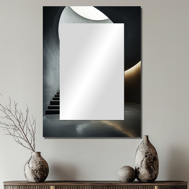 Lapish Grey Concrete Canvas Subtle II - Tunnel Large Wall Mirror, Industrial Decorative Mirror, Printed Metal Art, 32" x 24"
