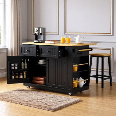 48" Large Kitchen Island With 2 Bar Stools, Power Outlet, Door Internal Storage Rack, Kitchen Storage Cart On 5 Wheels With Drop Leaf, 5 Open Side Racks, 2 Drawers,for Kitchen,dining Room,white