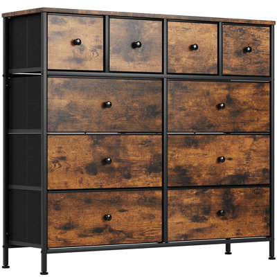 Rustic brown 10-drawer fabric dresser, wooden top and sturdy metal frame, anti-tip storage chest of drawers, versatile sideboard for bedroom, living room and hallway