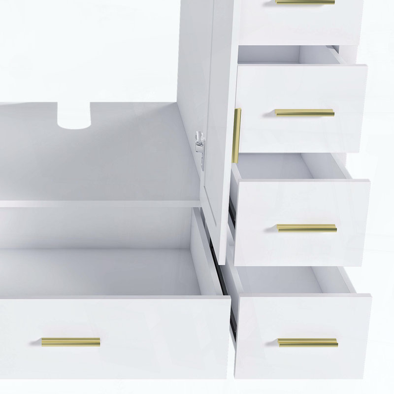 Meuble-lavabo de salle de bain avec deux portes doubles à fermeture douce et neuf tiroirs à glissière, blanc, 42"W White