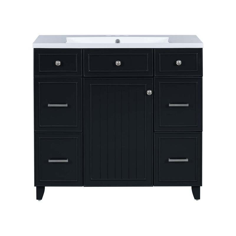 Ensemble de meuble-lavabo de salle de bain 36 "avec comptoir de lavabo, noir, lavabo simple, armoire avec porte à fermeture douce et 3 tiroirs