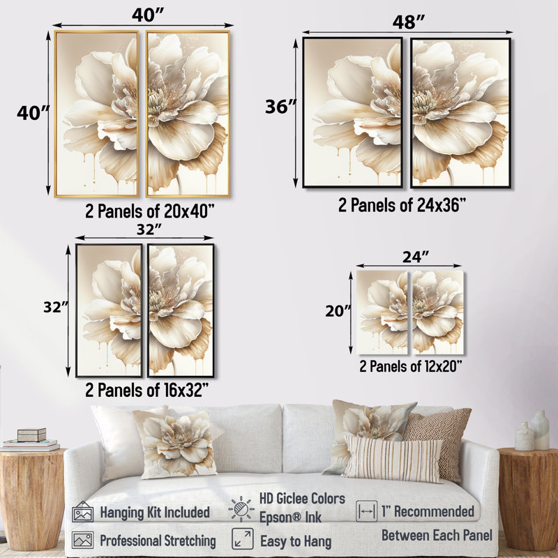 Blooming Beige Floral Design II - Art mural floral grand 2 pièces, 36" H x 48" W, Impression encadrée flottante, Black
