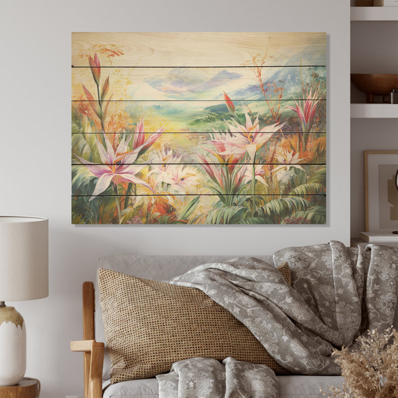 Oiseaux du paradis, fleurs, montagne I - fleurs, art mural sur bois de pin naturel, H 24 po x l 32 po