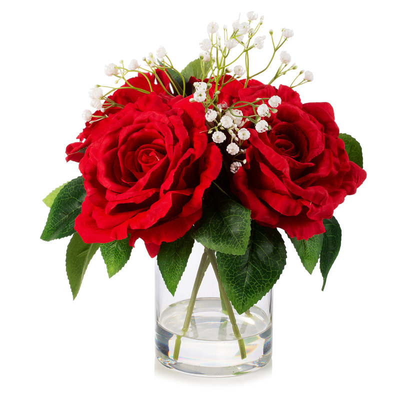 Roses en soie dans un vase, Rouge / Vert