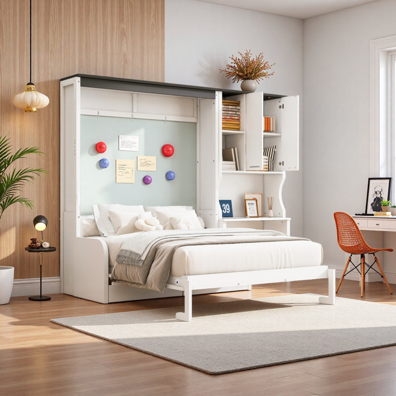 Lit escamotable multifonctionnel avec canapé, bureau et armoire de rangement - Conception pliable peu encombrante, Lit double