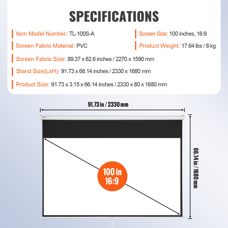 VEVOR 100" White Manual Pull Down Projector Screen