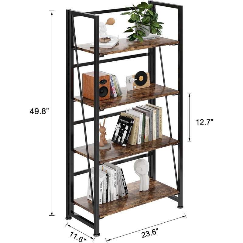 Bibliothèque pliante rétro - aucun assemblage requis, (4 tablettes) H 49,8 po x l 23,6 po x P 11,6 po, Brun