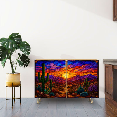 Sideboard Buffet Cabinet with Storage Desert Sunset Stained Glass Print Cacti Purple Mountains with 2 Doors for Living Room and Kitchen
