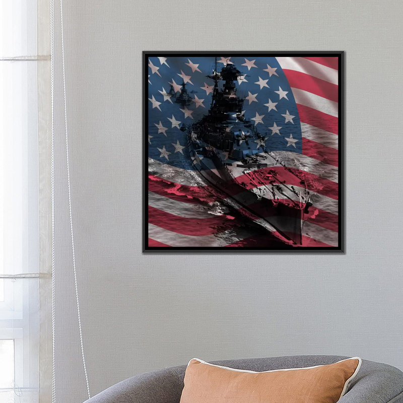 " Flags Vintage WW2 U.S. Battleship ", 18" H x 18" W x 1.5" D, Black Framed Canvas, No Mat