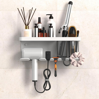 Hair Dryer Holder Wall Mounted Adhesive/Drilling, Hair Dryer Storage Organizer with Shelf & Hooks for Bathroom