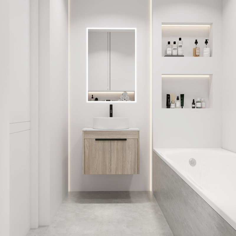 Armoire de salle de bain murale 24 po. Chêne blanc avec lavabo en céramique. Porte à fermeture en douceur pour un meuble-lavabo moderne et ravissant en chêne. Lavabo paisible